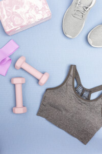 Lavender and Grey Fitness Gear Flat Lay