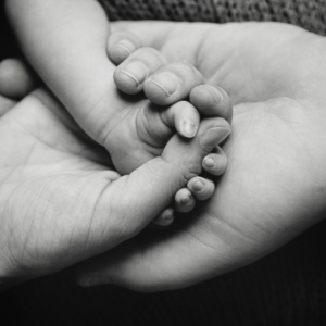 Close up of a New Family's Hands Together With Dad, Mom and Newborn Baby