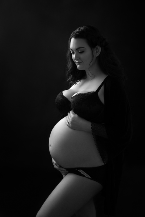Black and White Portrait of a Beautiful Pregnant Woman in Lingerie