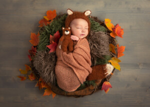 Portrait of Newborn Baby Styled as a Little Fox in Autumn