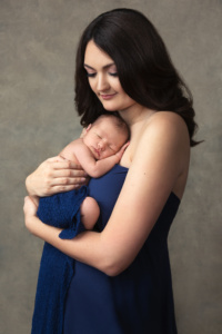 Studio Motherhood Portraits of a Beautiful New Mom and Her Two Week Old Newborn Infant