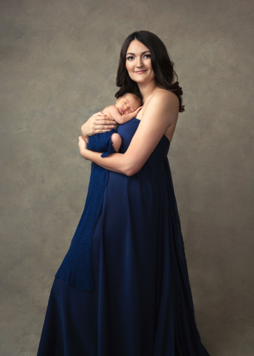 Studio Motherhood Portraits of a Beautiful New Mom and Her Two Week Old Newborn Infant